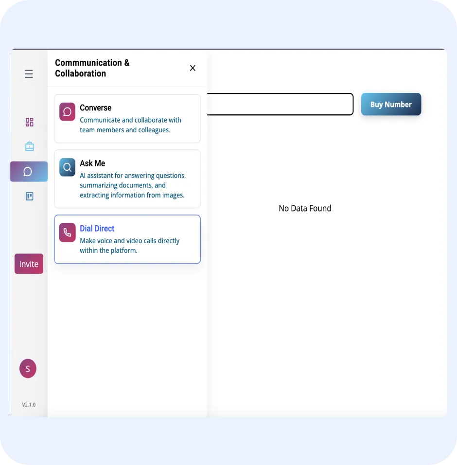 User interface of ORO AI’s Dial Direct feature, showcasing options for communication and collaboration, including a "Buy Number" button